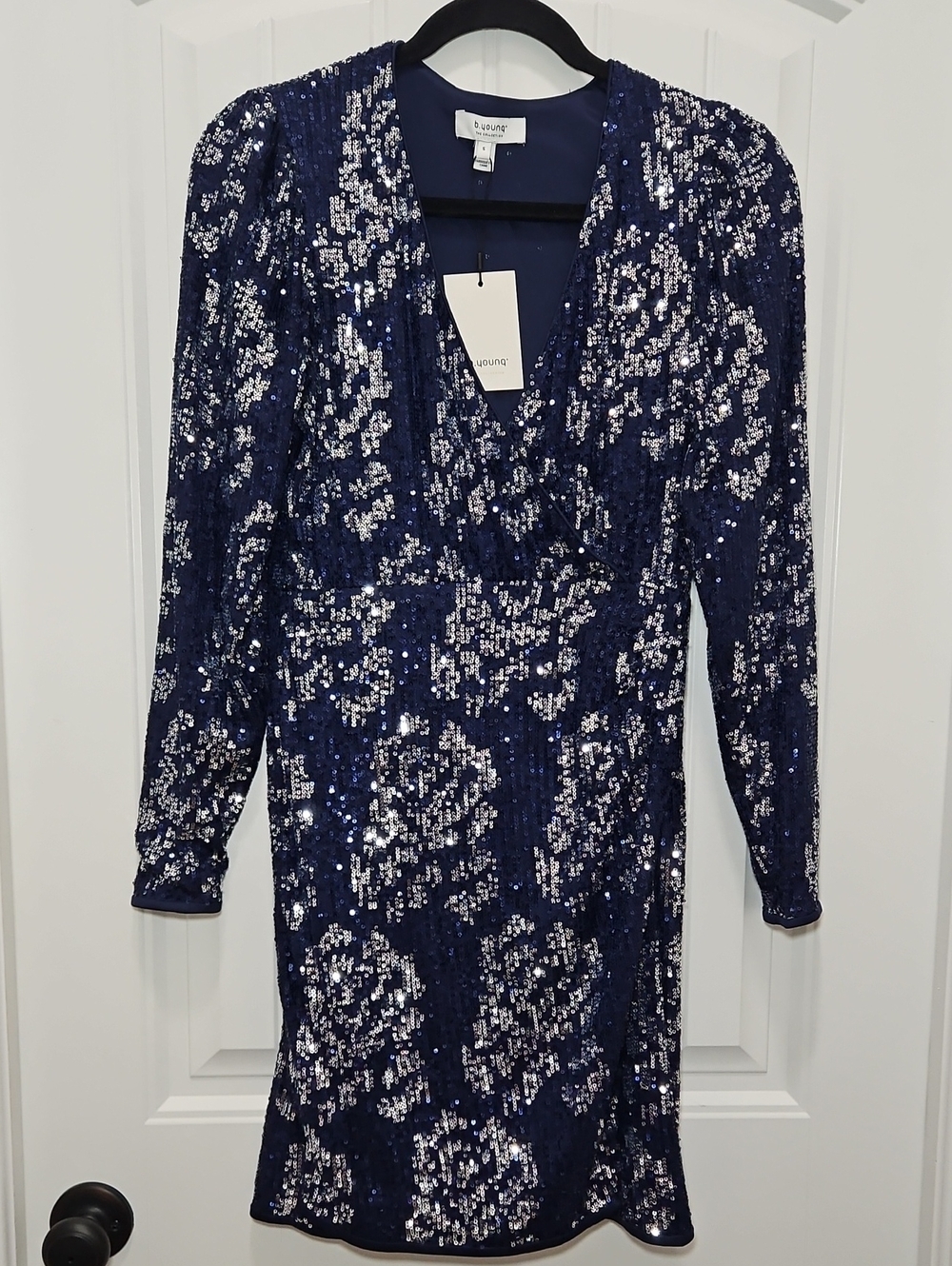 b.young Navy and Silver Sequin Long Sleeve Wrap Dress New Small Women's Formal